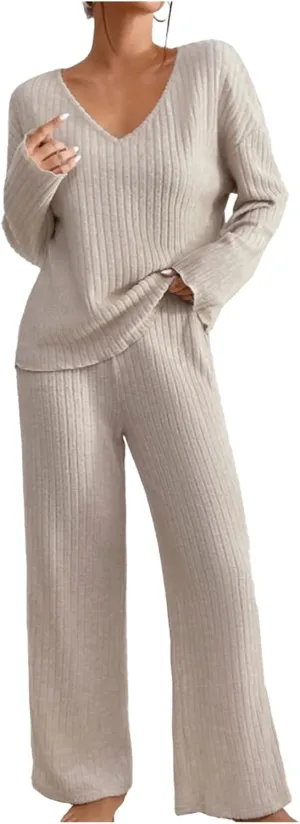 Womens Two Piece Sets V Neck Knit Sweater Sets Long Sleeve Pullover Tops and Wide Leg Pant Tracksuit Lounge Set