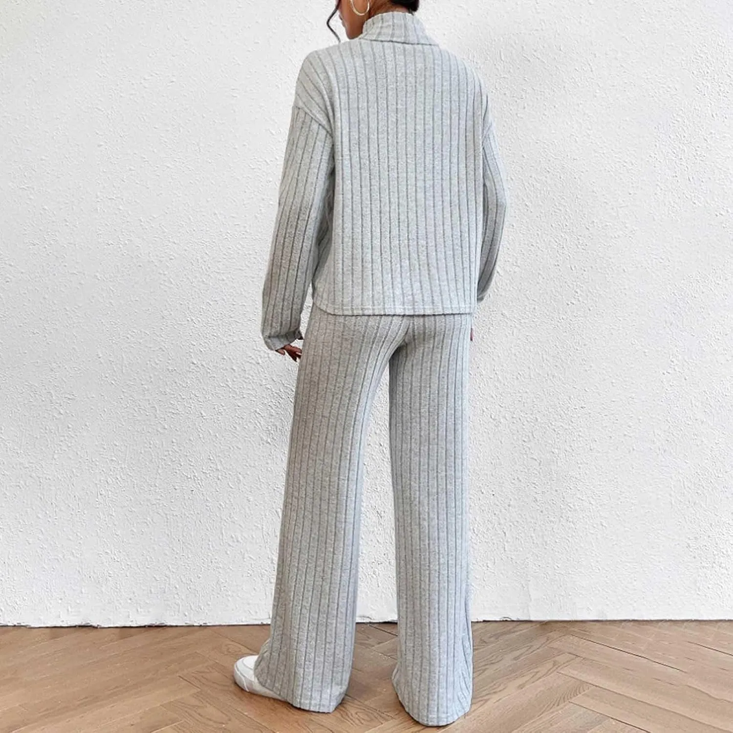 Womens Two Piece Sets V Neck Knit Sweater Sets Long Sleeve Pullover Tops and Wide Leg Pant Tracksuit Lounge Set