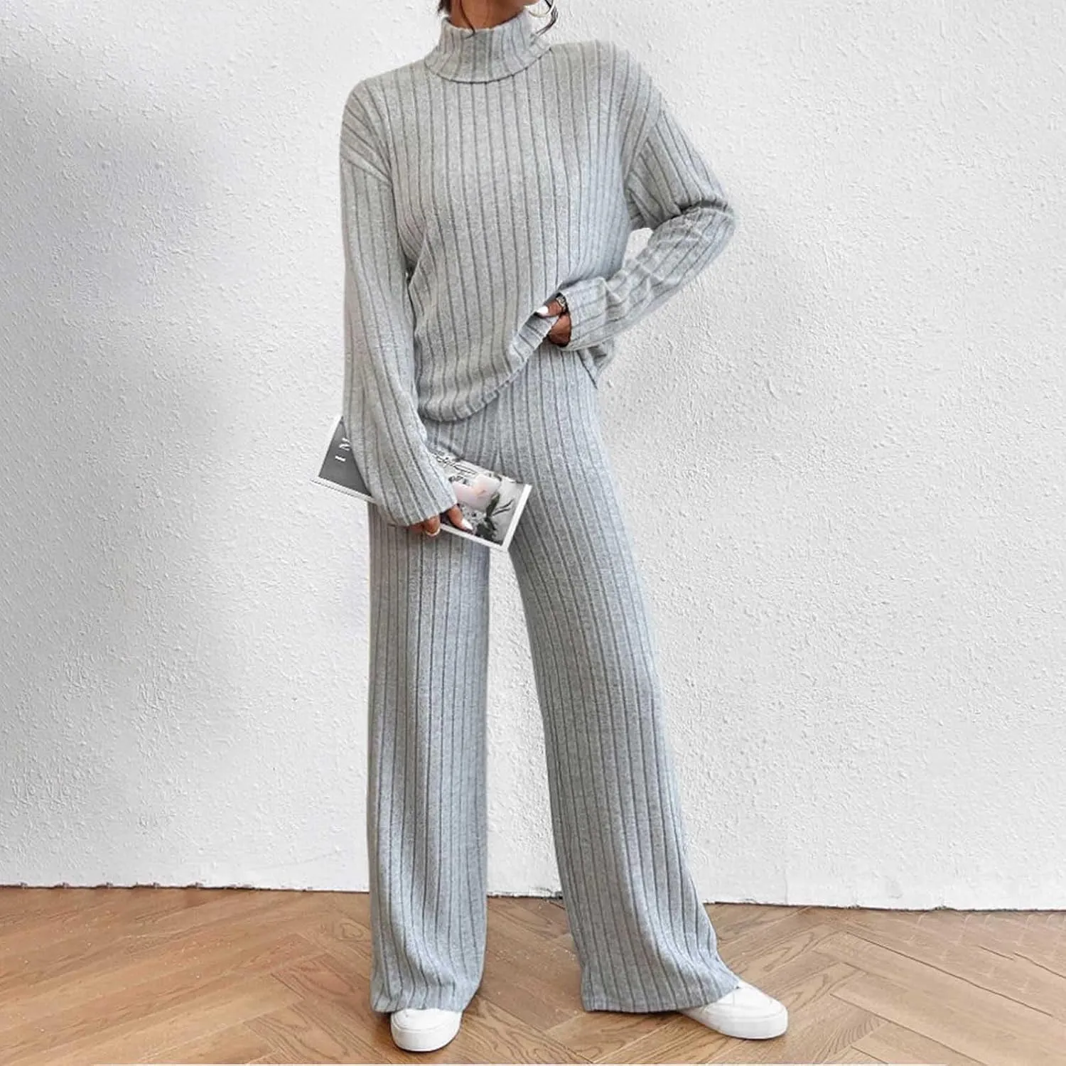 Womens Two Piece Sets V Neck Knit Sweater Sets Long Sleeve Pullover Tops and Wide Leg Pant Tracksuit Lounge Set