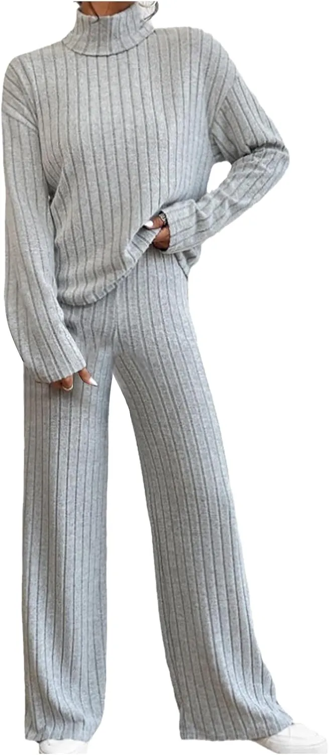 Womens Two Piece Sets V Neck Knit Sweater Sets Long Sleeve Pullover Tops and Wide Leg Pant Tracksuit Lounge Set