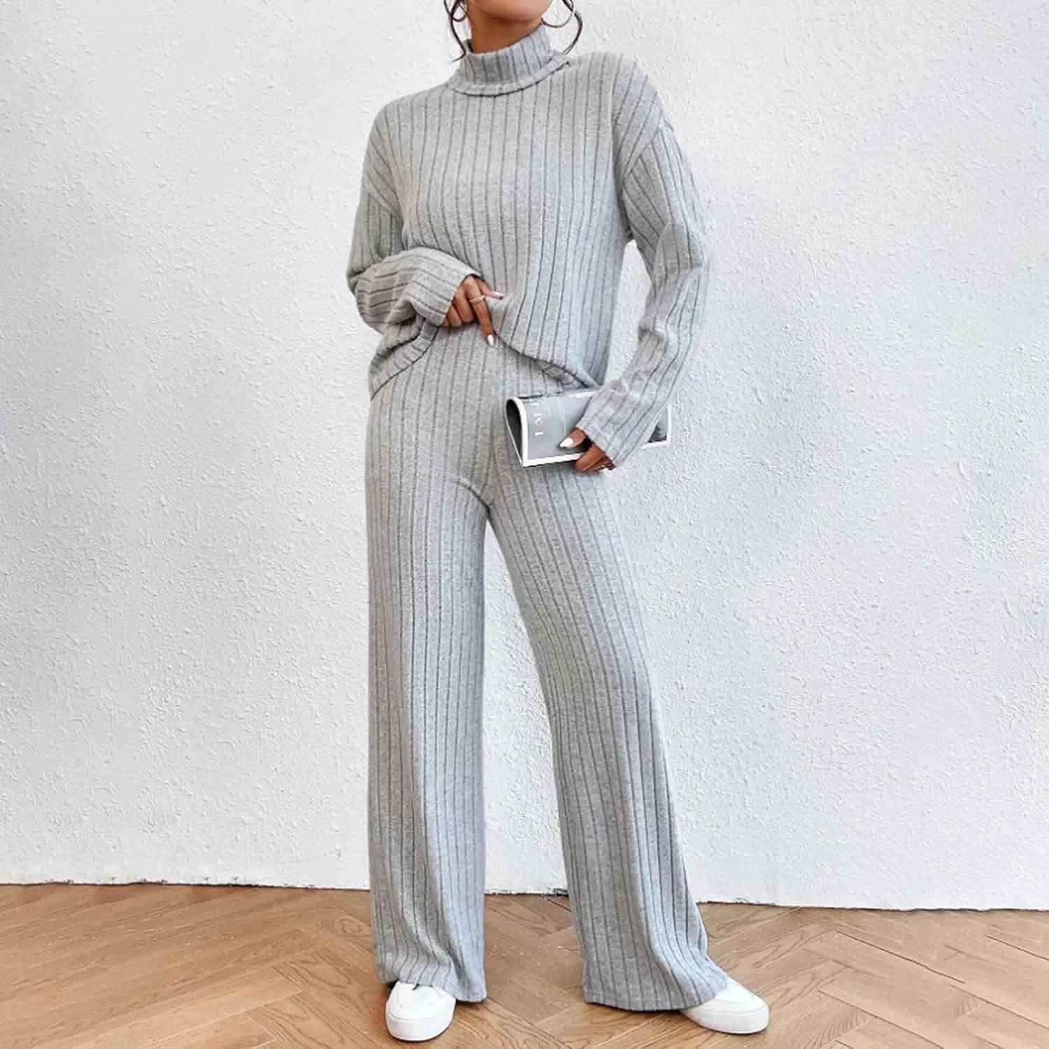 Womens Two Piece Sets V Neck Knit Sweater Sets Long Sleeve Pullover Tops and Wide Leg Pant Tracksuit Lounge Set
