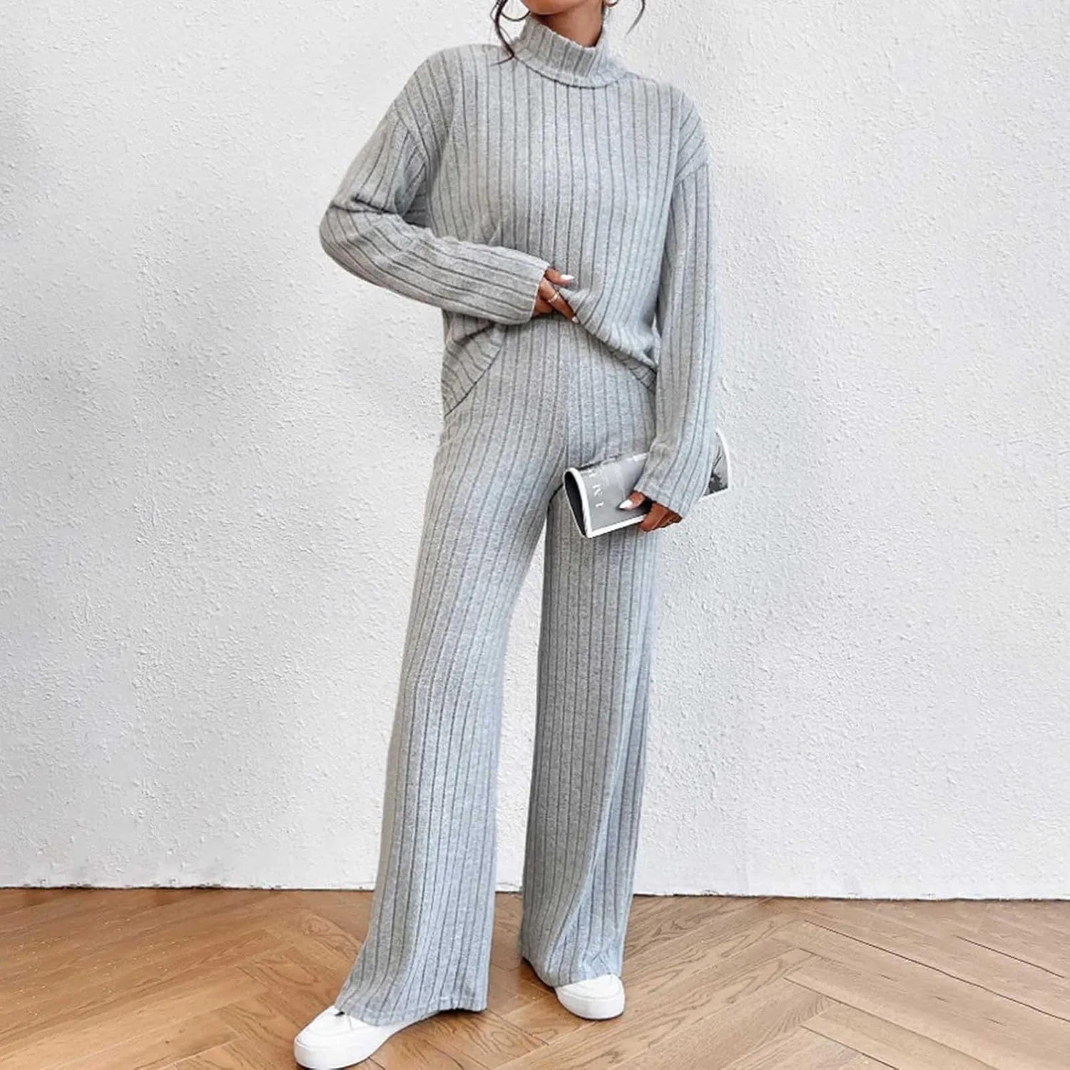 Womens Two Piece Sets V Neck Knit Sweater Sets Long Sleeve Pullover Tops and Wide Leg Pant Tracksuit Lounge Set