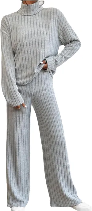 Womens Two Piece Sets V Neck Knit Sweater Sets Long Sleeve Pullover Tops and Wide Leg Pant Tracksuit Lounge Set