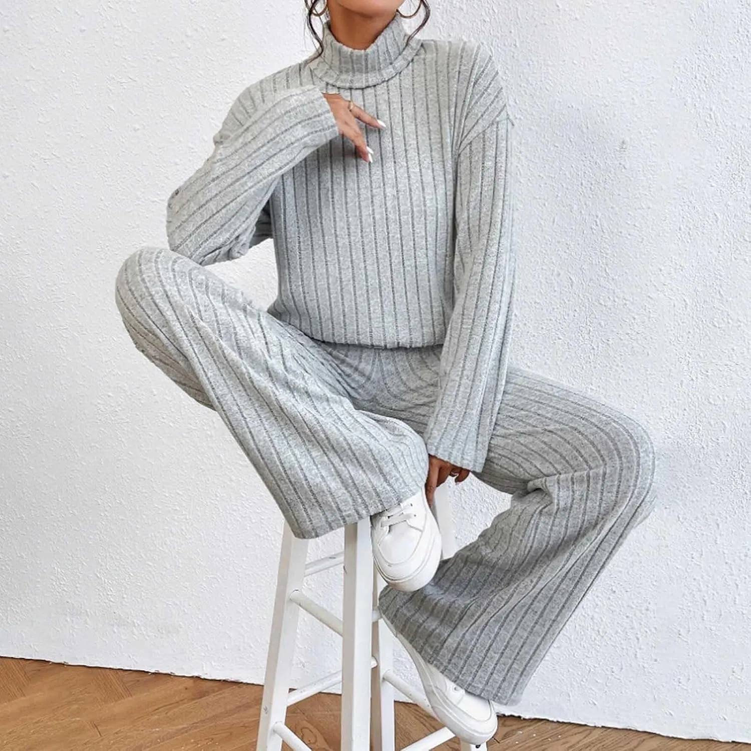 Womens Two Piece Sets V Neck Knit Sweater Sets Long Sleeve Pullover Tops and Wide Leg Pant Tracksuit Lounge Set