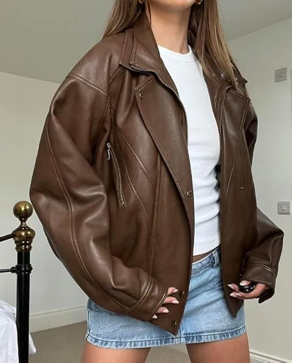 Womens Vintage 90S Genuine Leather Oversize Retro style Jacket Moto Biker Coat