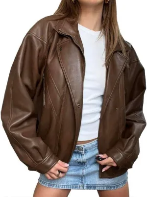 Womens Vintage 90S Genuine Leather Oversize Retro style Jacket Moto Biker Coat