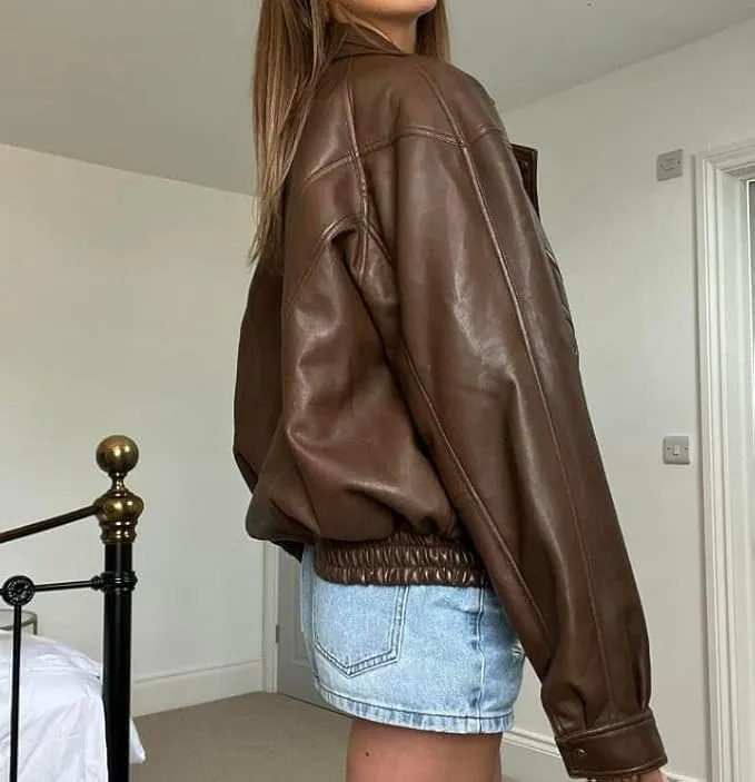 Womens Vintage 90S Genuine Leather Oversize Retro style Jacket Moto Biker Coat