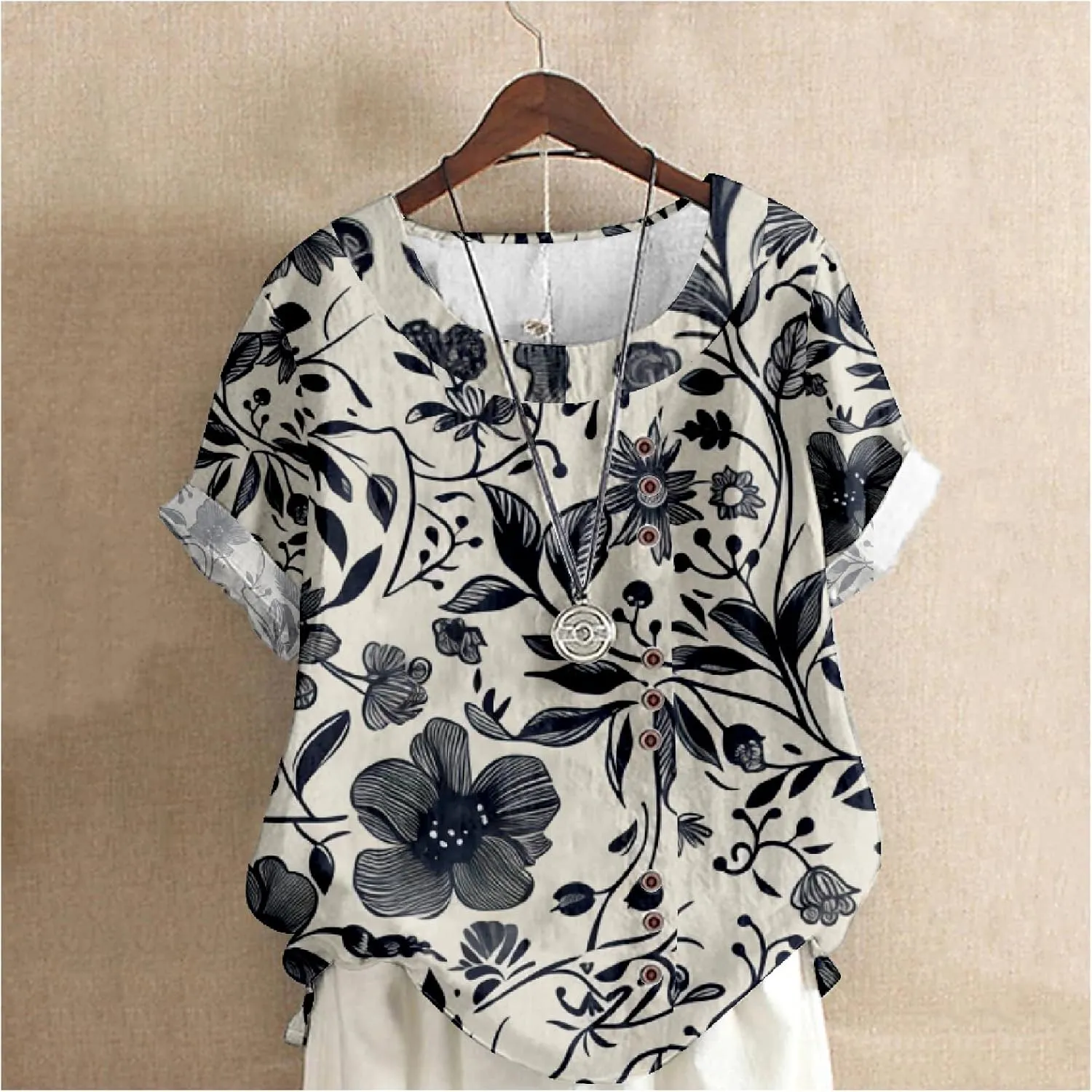 Women's Vintage Linen Tops Short Sleeve Boho Summer Graphic Tees Tunic Shirts Casual Fashion Button Blouses