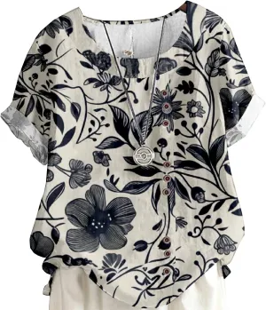 Women's Vintage Linen Tops Short Sleeve Boho Summer Graphic Tees Tunic Shirts Casual Fashion Button Blouses