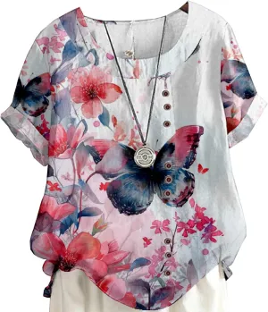 Women's Vintage Linen Tops Short Sleeve Boho Summer Graphic Tees Tunic Shirts Casual Loose Button Blouses