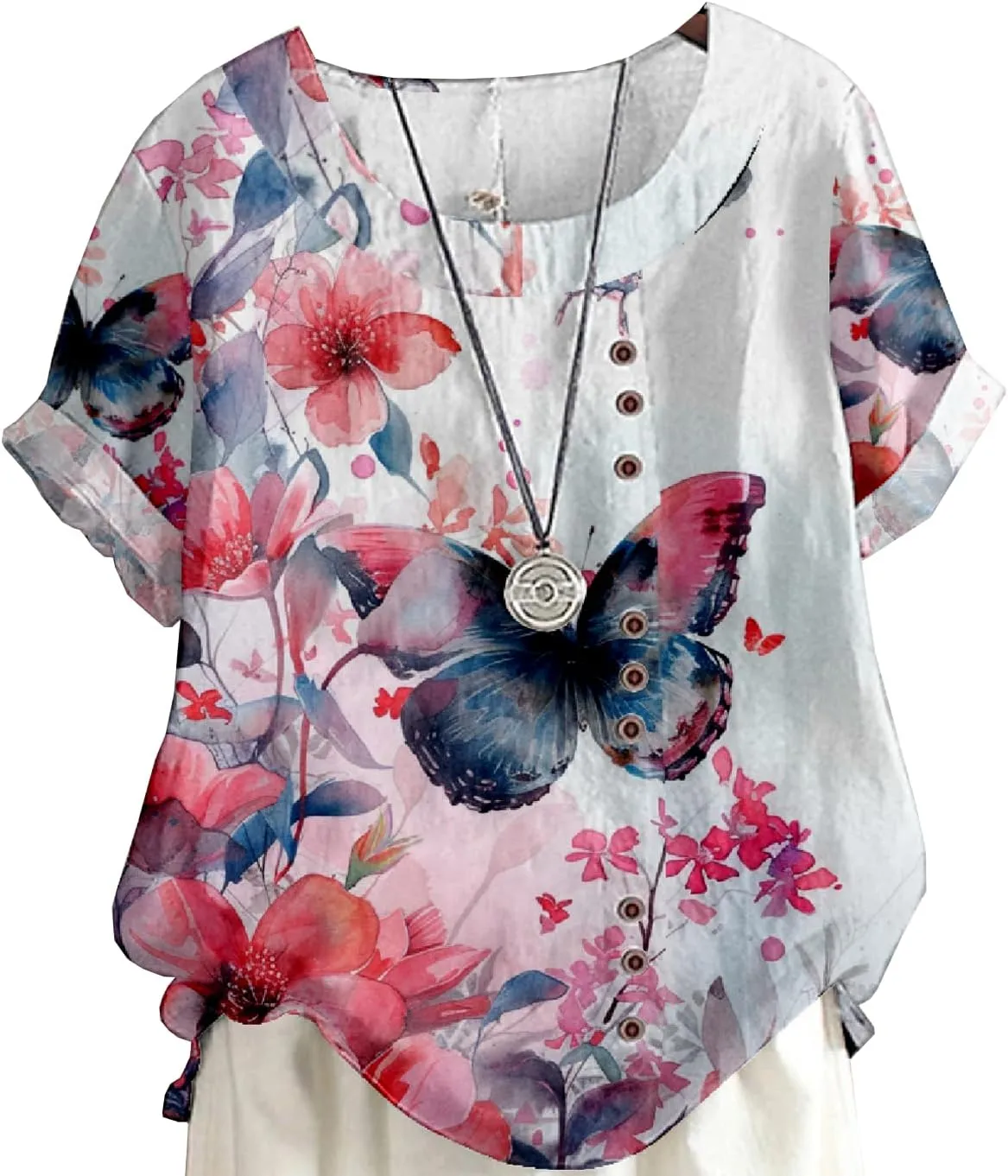 Women's Vintage Linen Tops Short Sleeve Boho Summer Graphic Tees Tunic Shirts Casual Loose Button Blouses