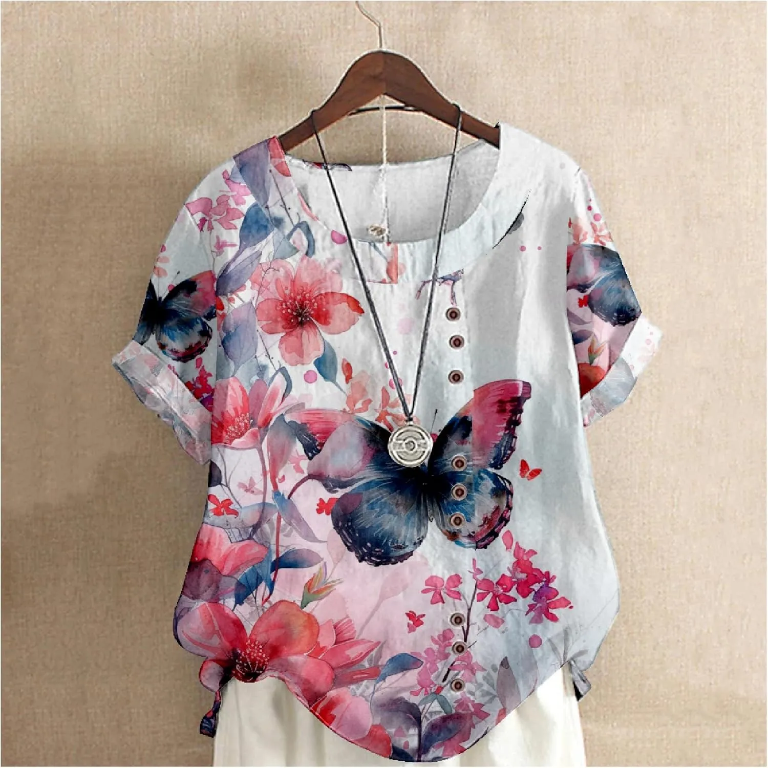 Women's Vintage Linen Tops Short Sleeve Boho Summer Graphic Tees Tunic Shirts Casual Loose Button Blouses
