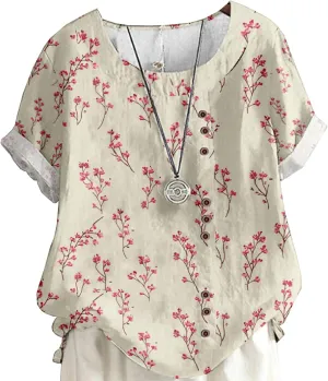 Women's Vintage Linen Tops Short Sleeve Boho Summer Graphic Tees Tunic T Shirts Casual Button Down Blouses