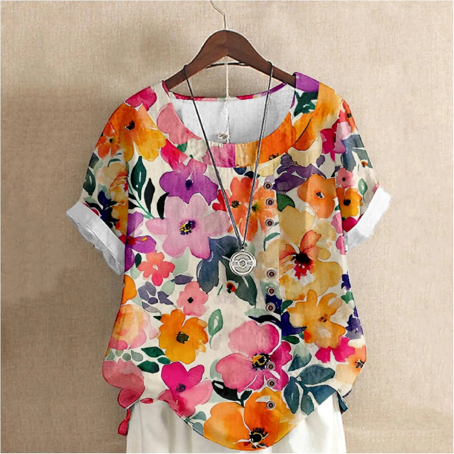 Women's Vintage Linen Tops Short Sleeve Boho Summer Graphic Tees Tunic T Shirts Casual Button Down Blouses
