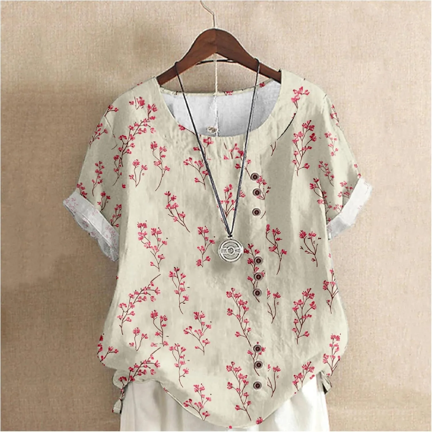 Women's Vintage Linen Tops Short Sleeve Boho Summer Graphic Tees Tunic T Shirts Casual Button Down Blouses
