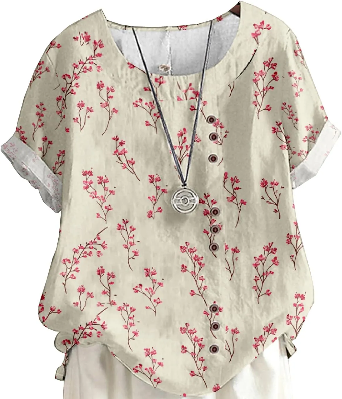Women's Vintage Linen Tops Short Sleeve Boho Summer Graphic Tees Tunic T Shirts Casual Button Down Blouses