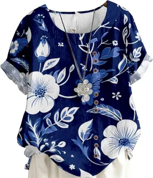 Women's Vintage Linen Tops Short Sleeve Boho Summer Graphic Tees Tunic T Shirts Casual Button Down Blouses