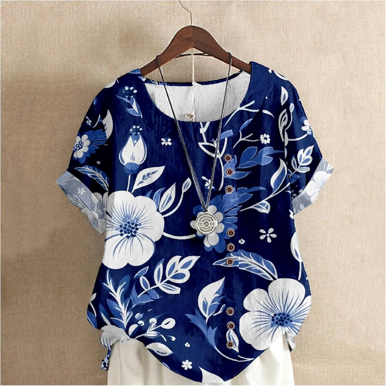 Women's Vintage Linen Tops Short Sleeve Boho Summer Graphic Tees Tunic T Shirts Casual Button Down Blouses