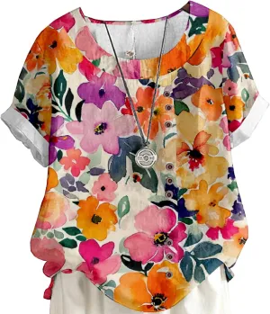 Women's Vintage Linen Tops Short Sleeve Boho Summer Graphic Tees Tunic T Shirts Casual Button Down Blouses