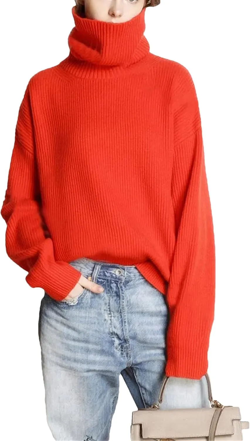 Women's Warm Wool Sweater Winter Turtlenecks Casual Loose Oversized Knitted Pullover Sweaters Top