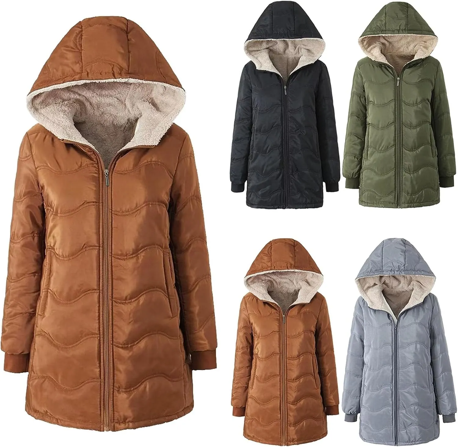 Women's Winter Down Jacket Solid Thicken Hooded Puffer Long Sleeve Jackets Warm Quilted Coats Trendy Outfits