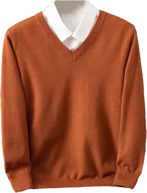 Wool Sweater Men's V-Neck Pullover Tops Autumn Winter Solid Color Versatile Basic Sweater.