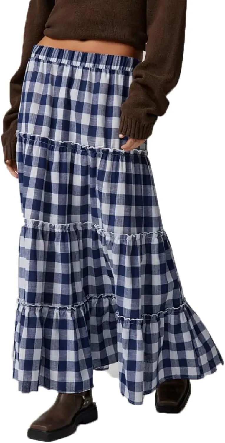 Y2K Plaid Tiered Maxi Skirts Women Boho Flowy A Line Long Skirts Elastic High Waist Gingham Ruffle Vintage Skirts