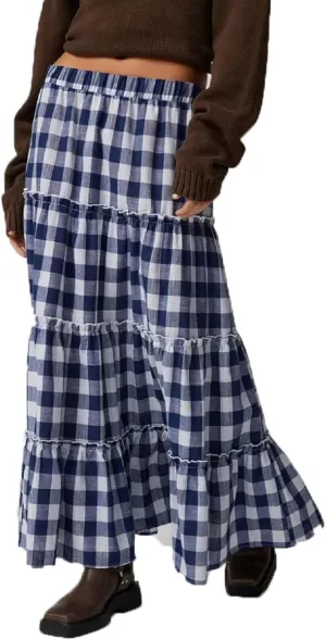 Y2K Plaid Tiered Maxi Skirts Women Boho Flowy A Line Long Skirts Elastic High Waist Gingham Ruffle Vintage Skirts