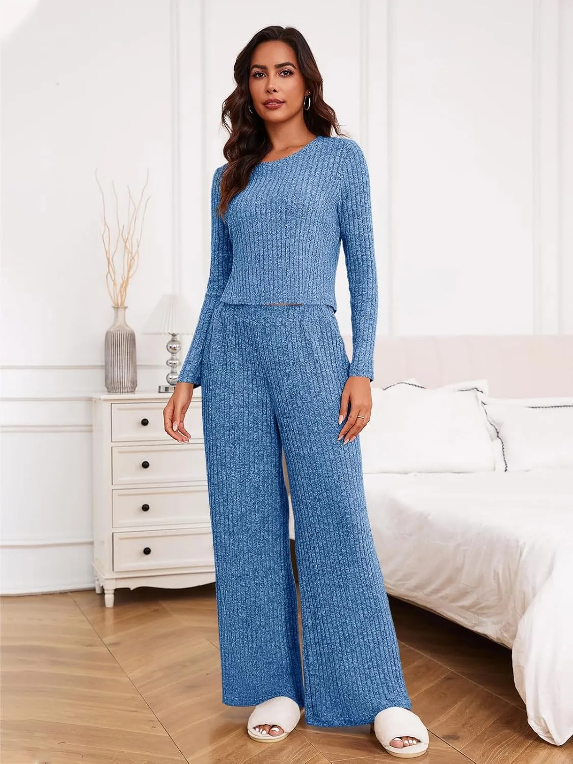 Ybenlow Women's 2 Piece Outfits Lounge Sets Long Sleeve Tops Wide Leg Pants Ribbed Knit Pajama Set with Pockets