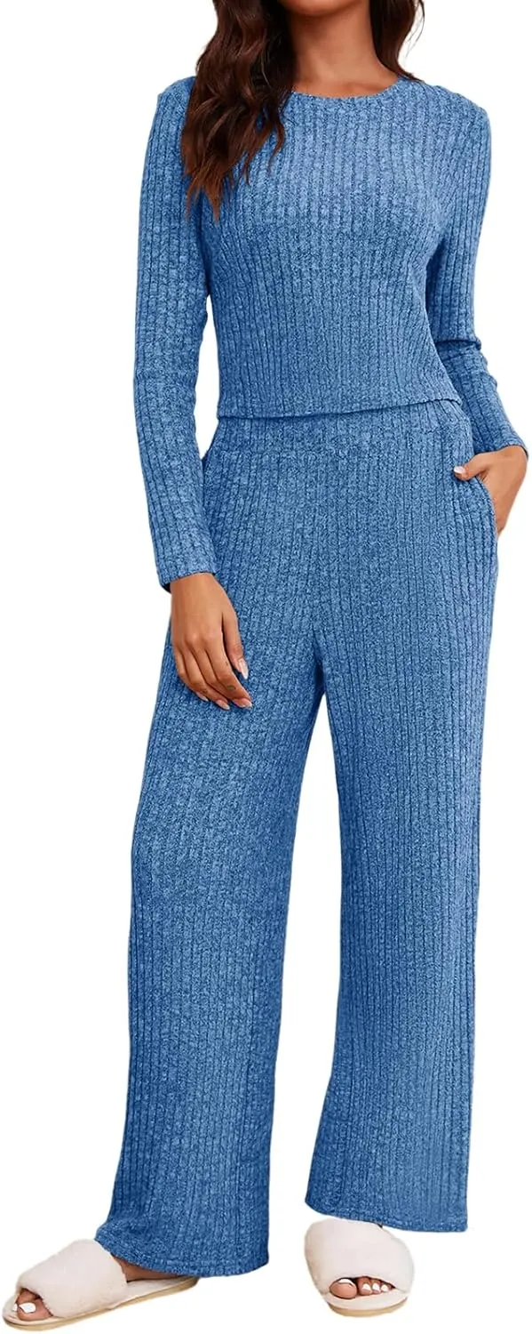 Ybenlow Women's 2 Piece Outfits Lounge Sets Long Sleeve Tops Wide Leg Pants Ribbed Knit Pajama Set with Pockets