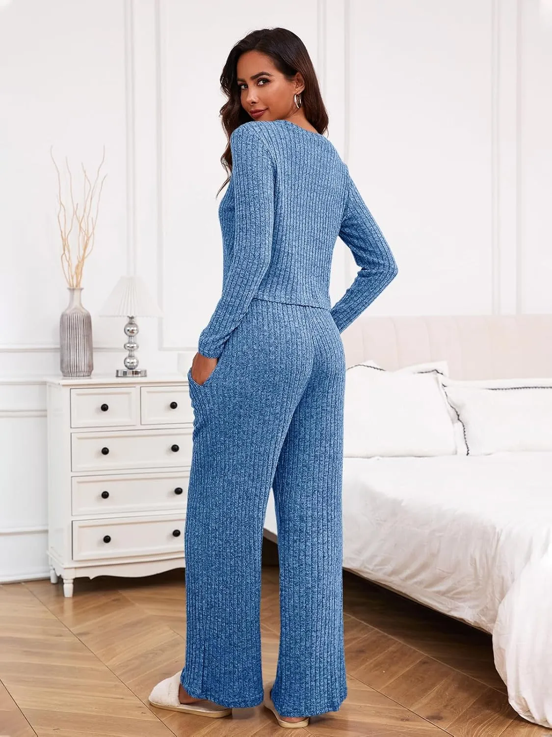 Ybenlow Women's 2 Piece Outfits Lounge Sets Long Sleeve Tops Wide Leg Pants Ribbed Knit Pajama Set with Pockets
