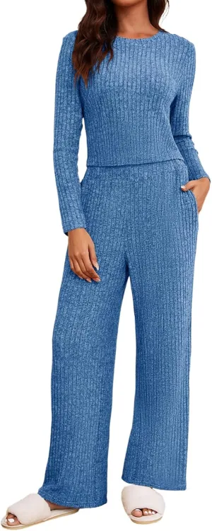 Ybenlow Women's 2 Piece Outfits Lounge Sets Long Sleeve Tops Wide Leg Pants Ribbed Knit Pajama Set with Pockets