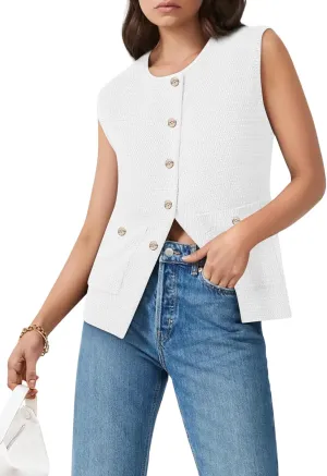 Yousify Womens Sweater Vest Sleeveless Button Down Round Neck Knitted Tank Tops Casual Cardigan for Women