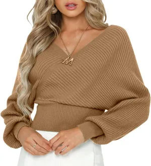 ZAFUL Women's Wrap V Neck Knit Cropped Sweater Lantern Long Sleeve Sexy Cross Ribbed Drop Shoulder Pullover Tops