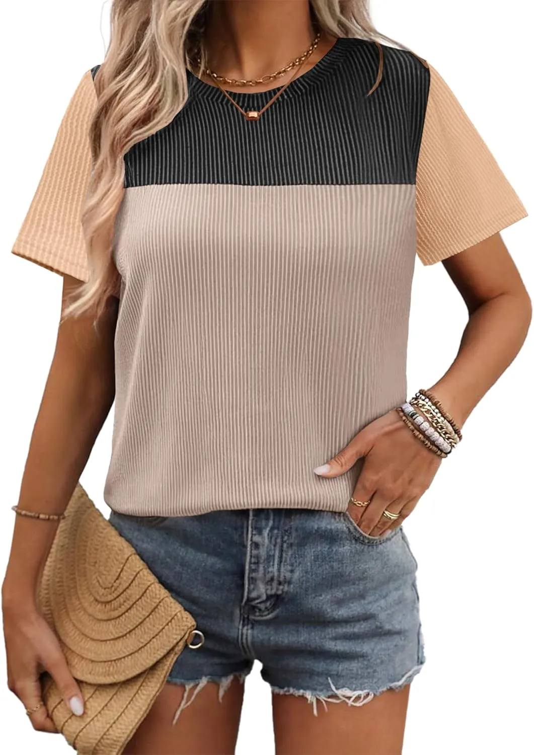 Zeagoo Womens Casual Summer Tops Short Sleeve T Shirts Crewneck Basic Tees Blouses Color Block Tunic Tops
