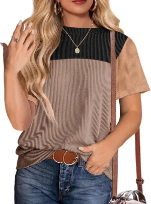 Zeagoo Womens Casual Summer Tops Short Sleeve T Shirts Crewneck Basic Tees Blouses Color Block Tunic Tops