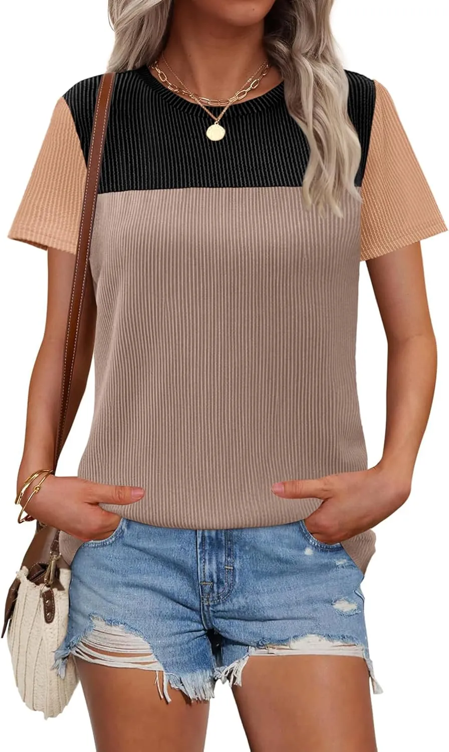 Zeagoo Womens Casual Summer Tops Short Sleeve T Shirts Crewneck Basic Tees Blouses Color Block Tunic Tops