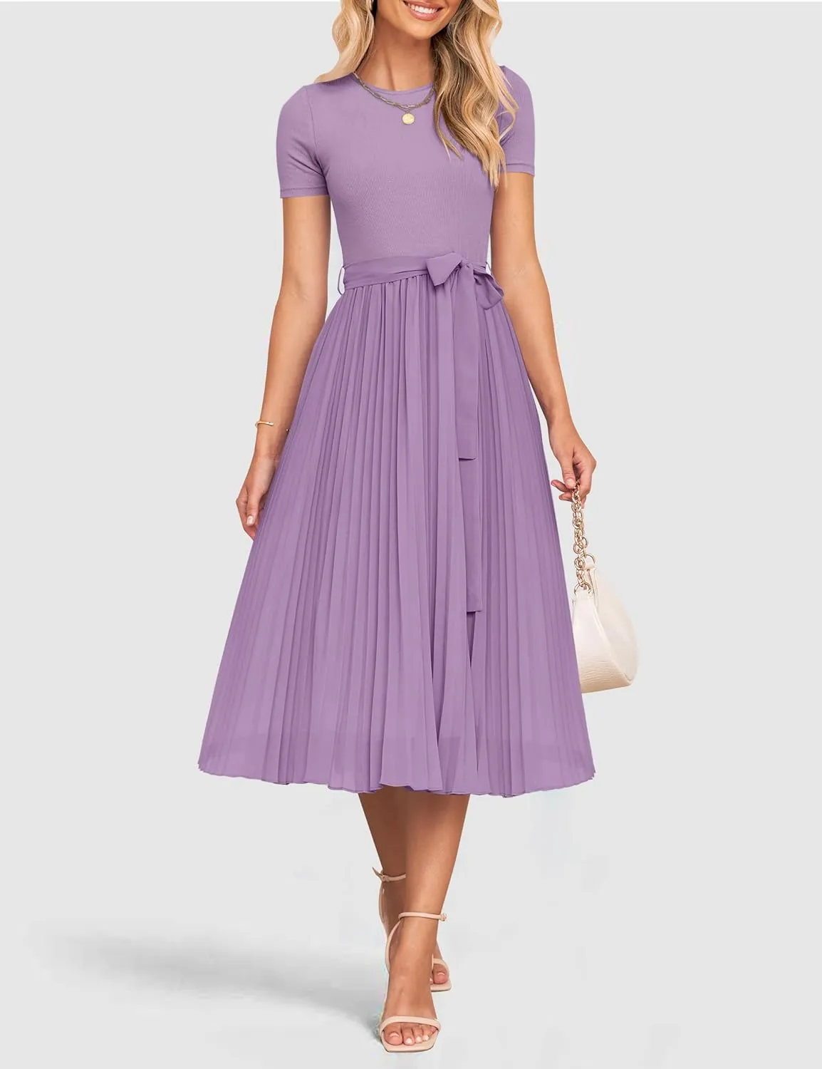 ZESICA Womens 2025 Summer Short Sleeve Midi Dresses Casual Crew Neck Knit Belted Pleated A Line Flowy Wedding Guest Dress