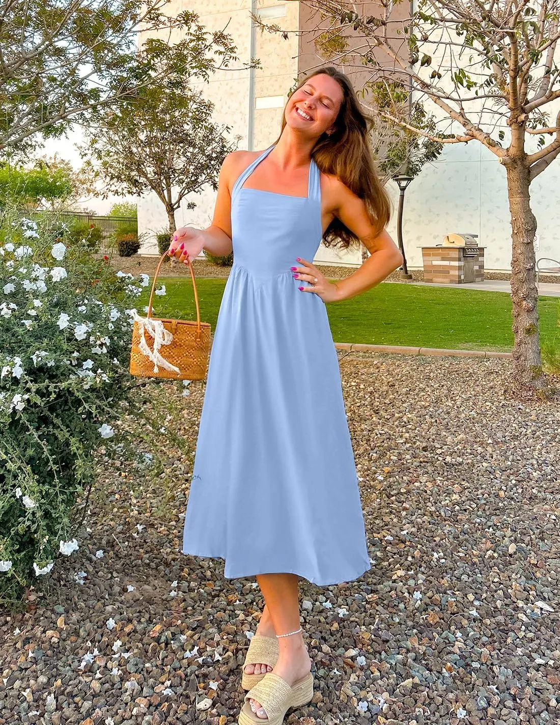 ZESICA Women's Summer Sleeveless Halter Midi Dress 2025 Off Shoulder High Waist Swing Flowy Beach Long Dresses