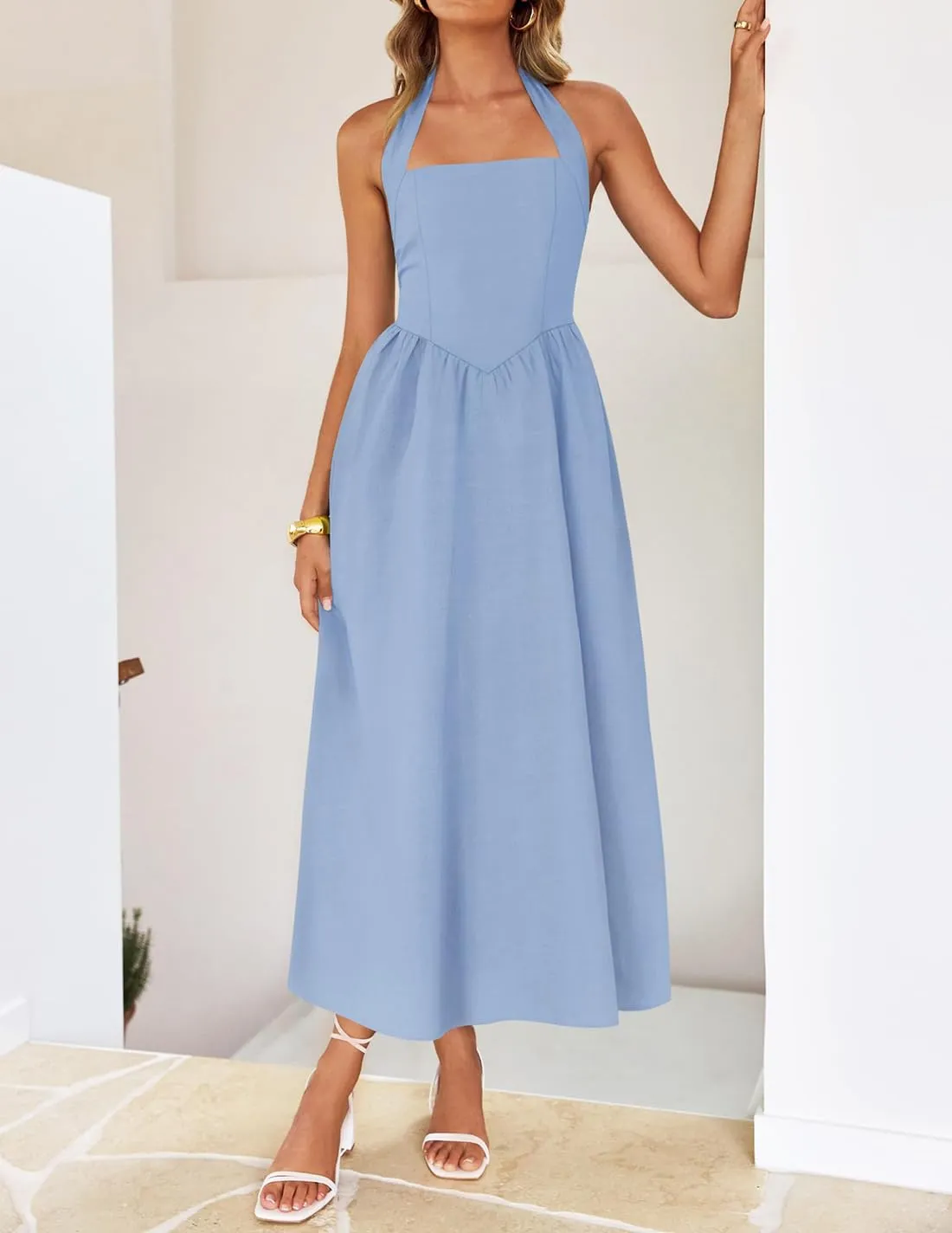 ZESICA Women's Summer Sleeveless Halter Midi Dress 2025 Off Shoulder High Waist Swing Flowy Beach Long Dresses