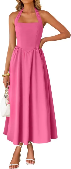 ZESICA Women's Summer Sleeveless Halter Midi Dress 2025 Off Shoulder High Waist Swing Flowy Beach Long Dresses