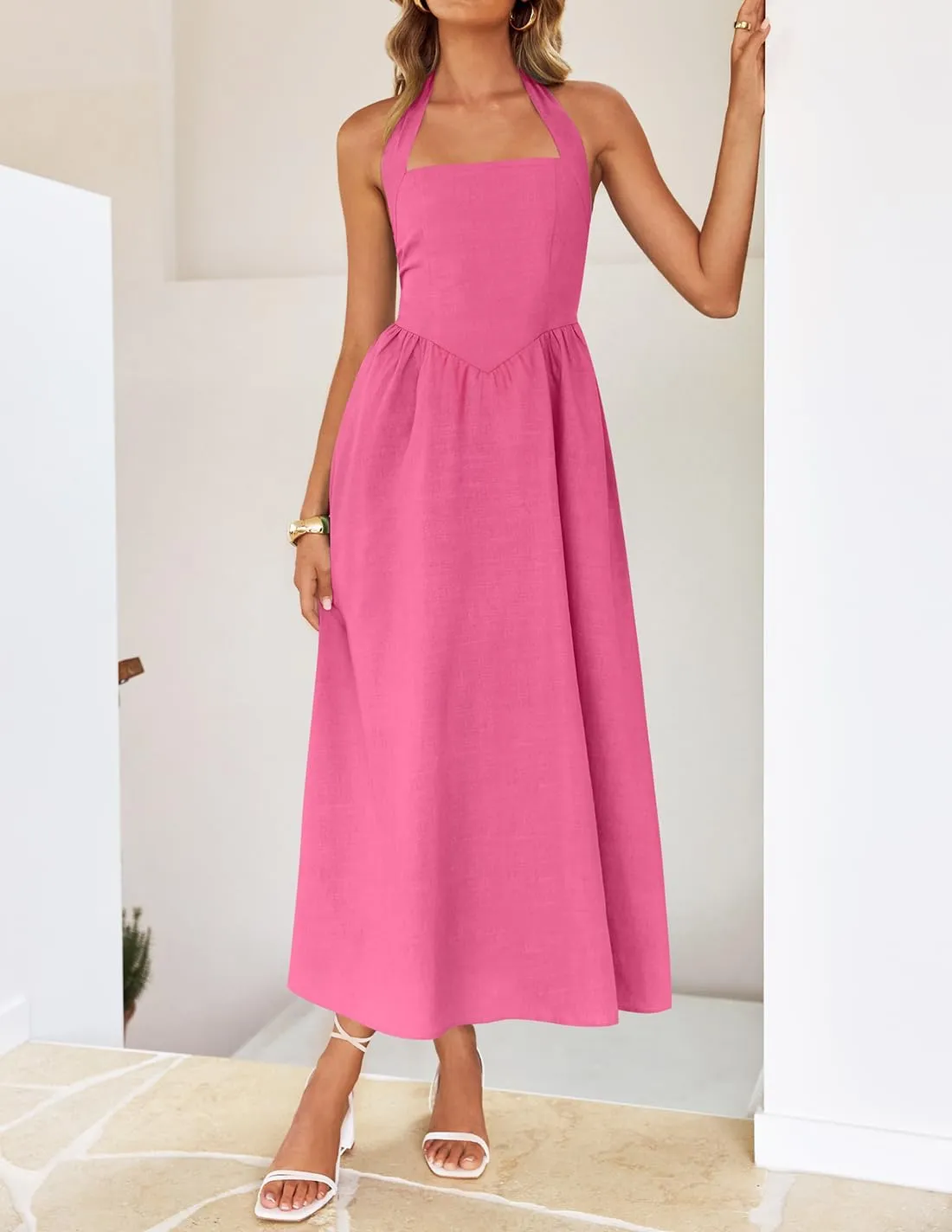 ZESICA Women's Summer Sleeveless Halter Midi Dress 2025 Off Shoulder High Waist Swing Flowy Beach Long Dresses