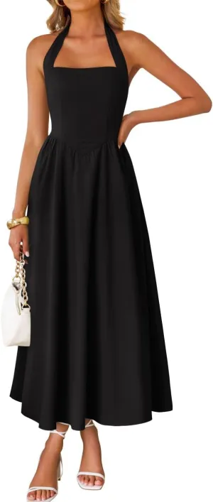 ZESICA Women's Summer Sleeveless Halter Midi Dress 2025 Off Shoulder High Waist Swing Flowy Beach Long Dresses