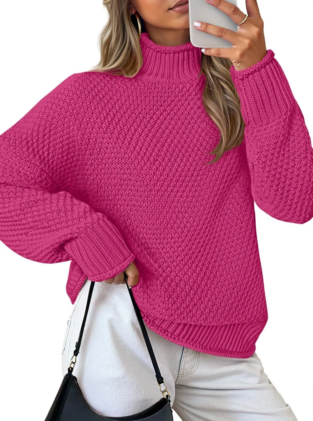ZESICA Women's Turtleneck Batwing Sleeve Loose Oversized Chunky Knitted Pullover Sweater Jumper Tops