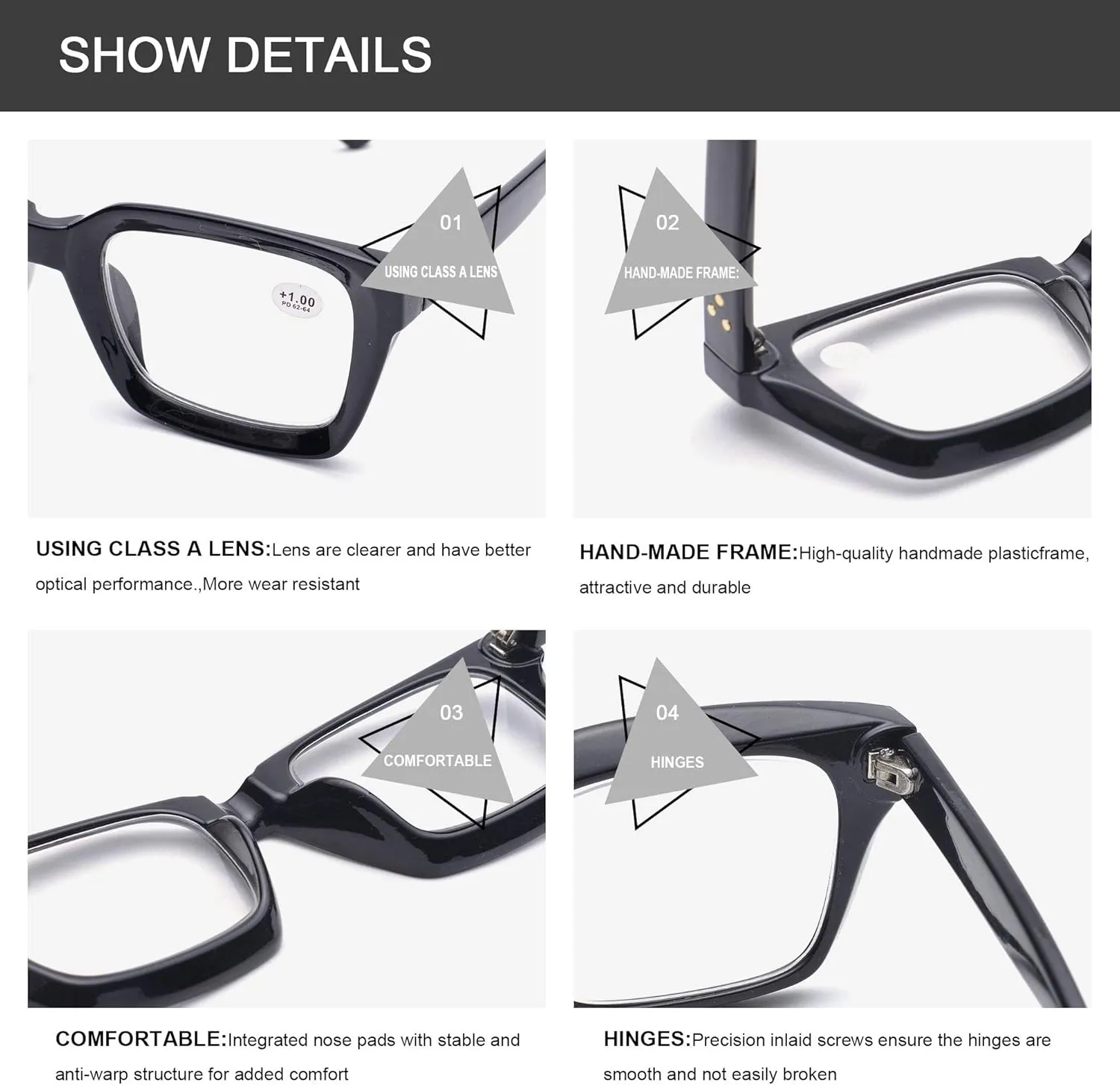 ZUVGEES Retro Style Blue Light Blocking Reading Glasses Big Eyeglass Frames Large lens Computer Readers