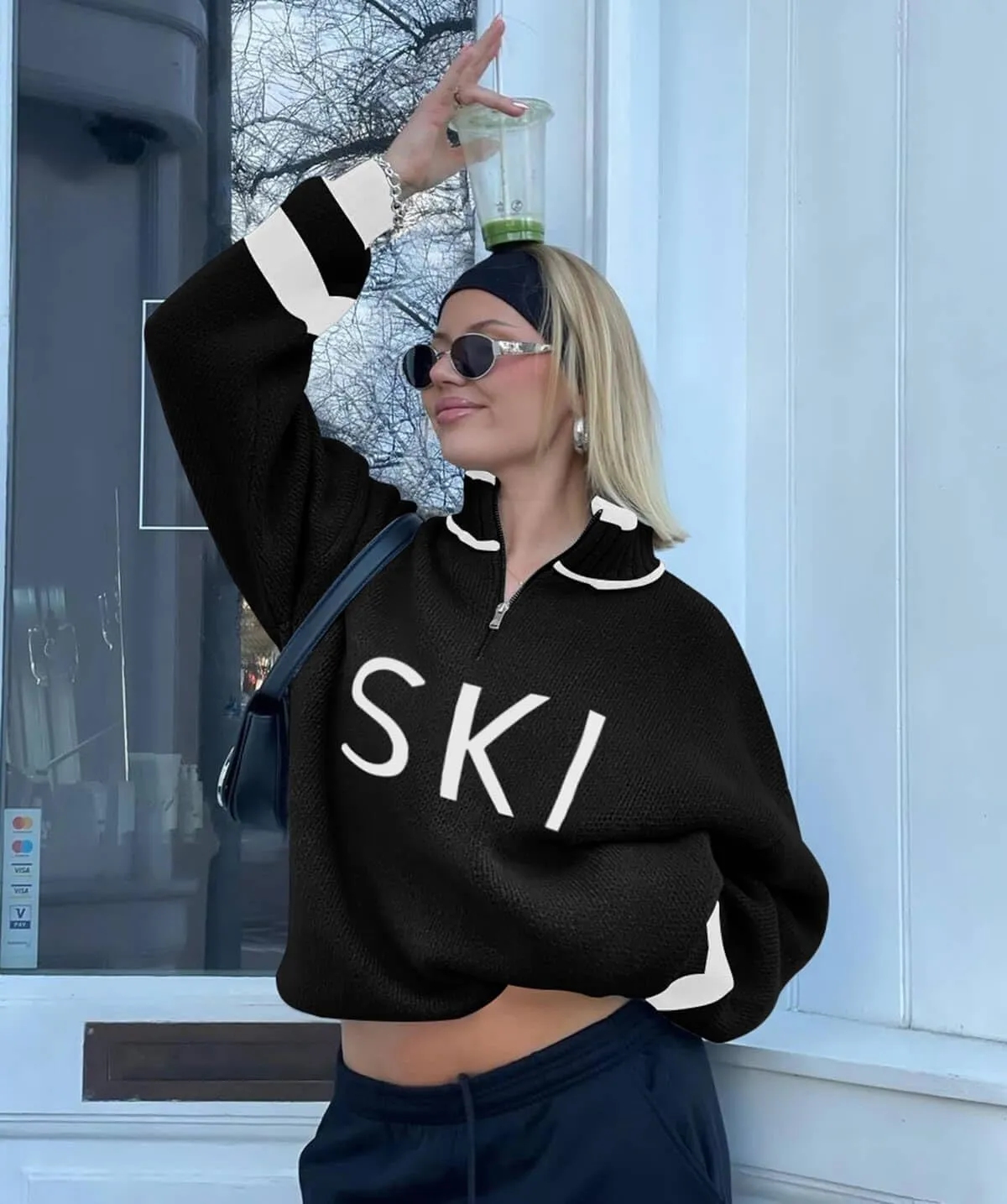 Zwurew Women's Ski Sweater 2024 Quarter Zip Color Block Striped Slouchy Long Sleeve Knitted Pullover Jumper Tops