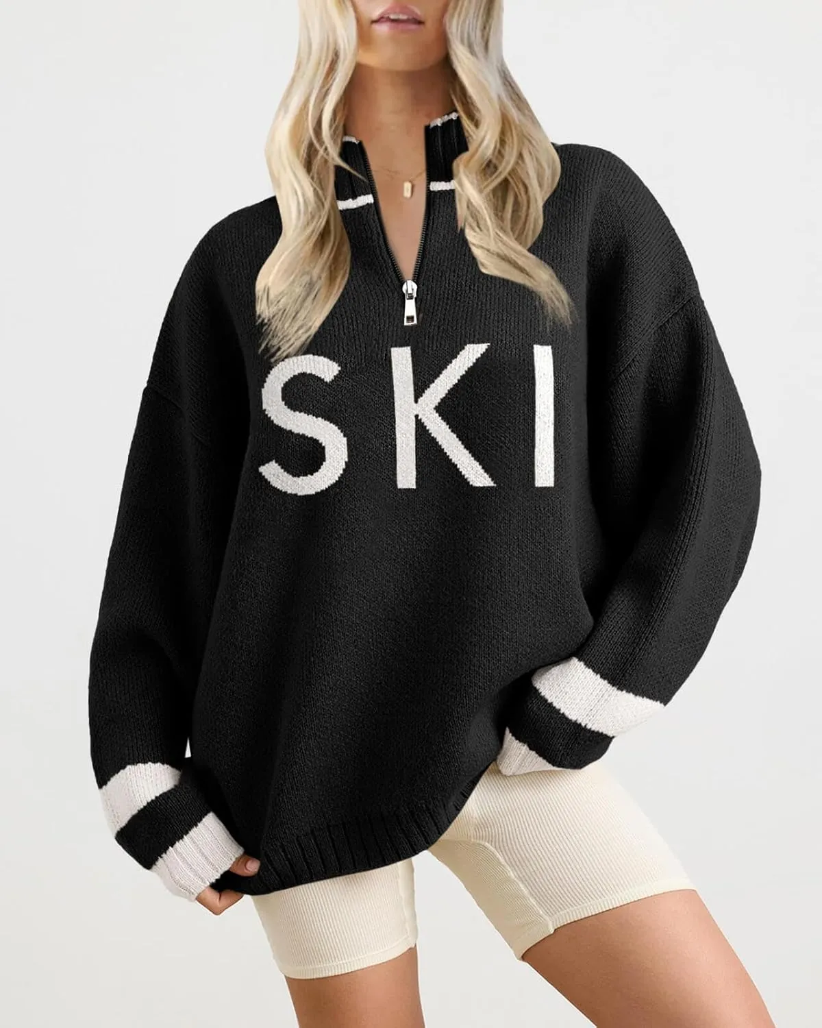 Zwurew Women's Ski Sweater 2024 Quarter Zip Color Block Striped Slouchy Long Sleeve Knitted Pullover Jumper Tops