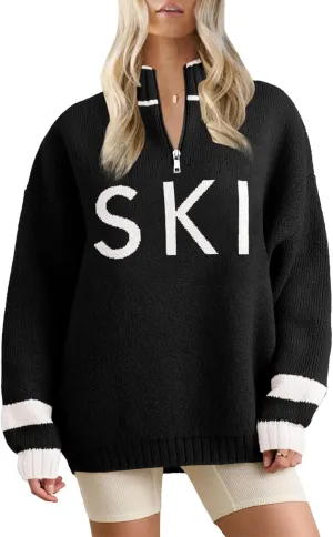Zwurew Women's Ski Sweater 2024 Quarter Zip Color Block Striped Slouchy Long Sleeve Knitted Pullover Jumper Tops