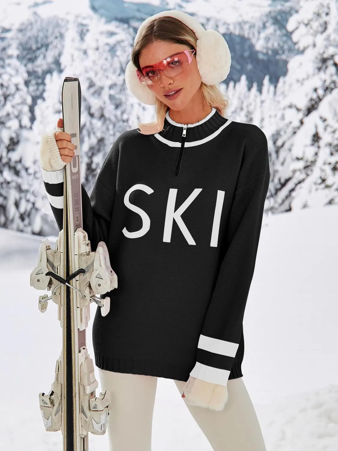 Zwurew Women's Ski Sweater 2024 Quarter Zip Color Block Striped Slouchy Long Sleeve Knitted Pullover Jumper Tops