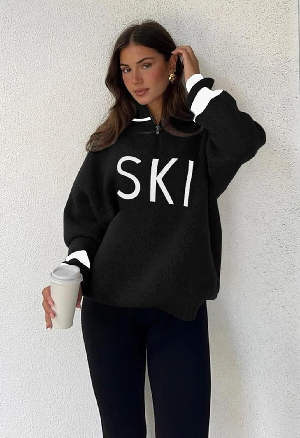 Zwurew Women's Ski Sweater 2024 Quarter Zip Color Block Striped Slouchy Long Sleeve Knitted Pullover Jumper Tops